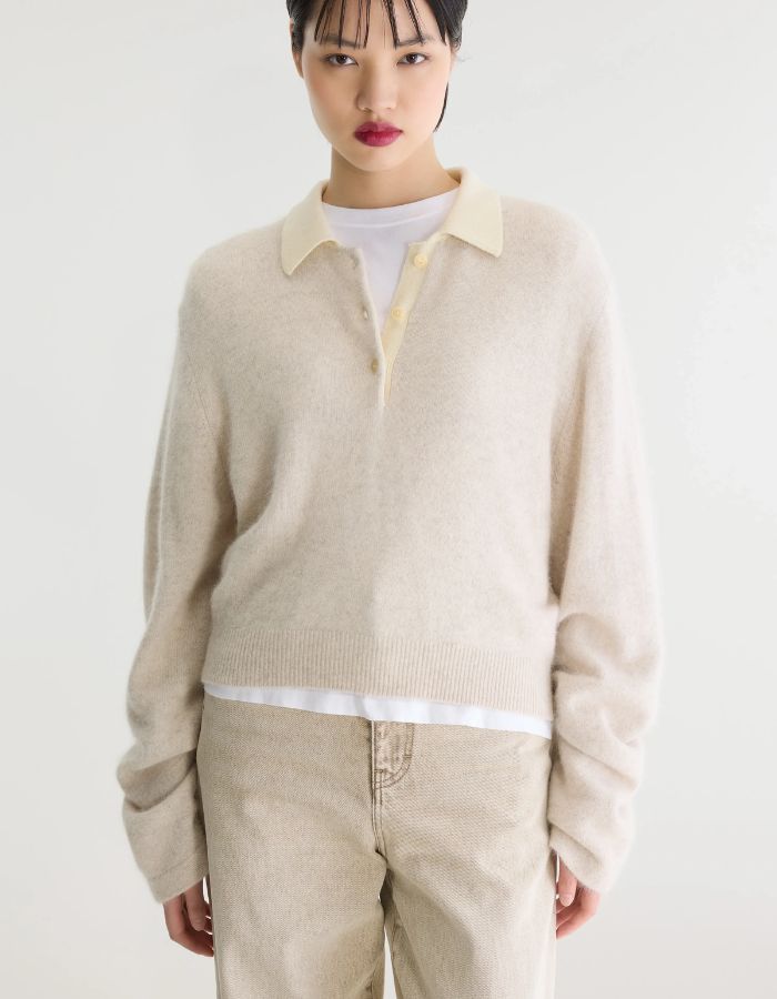 Pull Dusto Oyster gris beige à col polo pour femme Bellerose