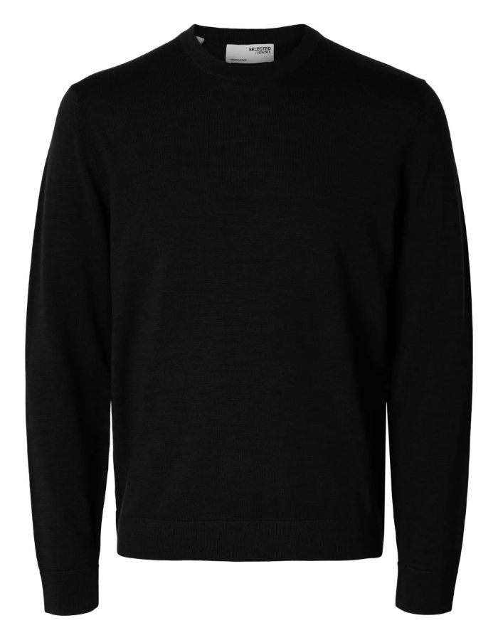 Pull pour homme à col rond en laine mérinos couleur noir, modèle Tray LS Knit Reg Merino Crew couleur Black de la marque SELECTED HOMME.