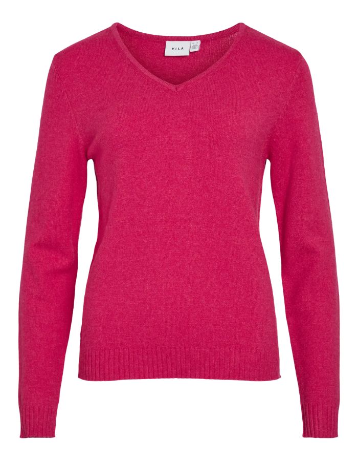 Pull en maille fine pour femme modèle Viril de la marque Vila. Coupe droite avec un col en V élégant et des manches longues aux poignets côtelés, couleur rose fuchsia uni et lumineux.