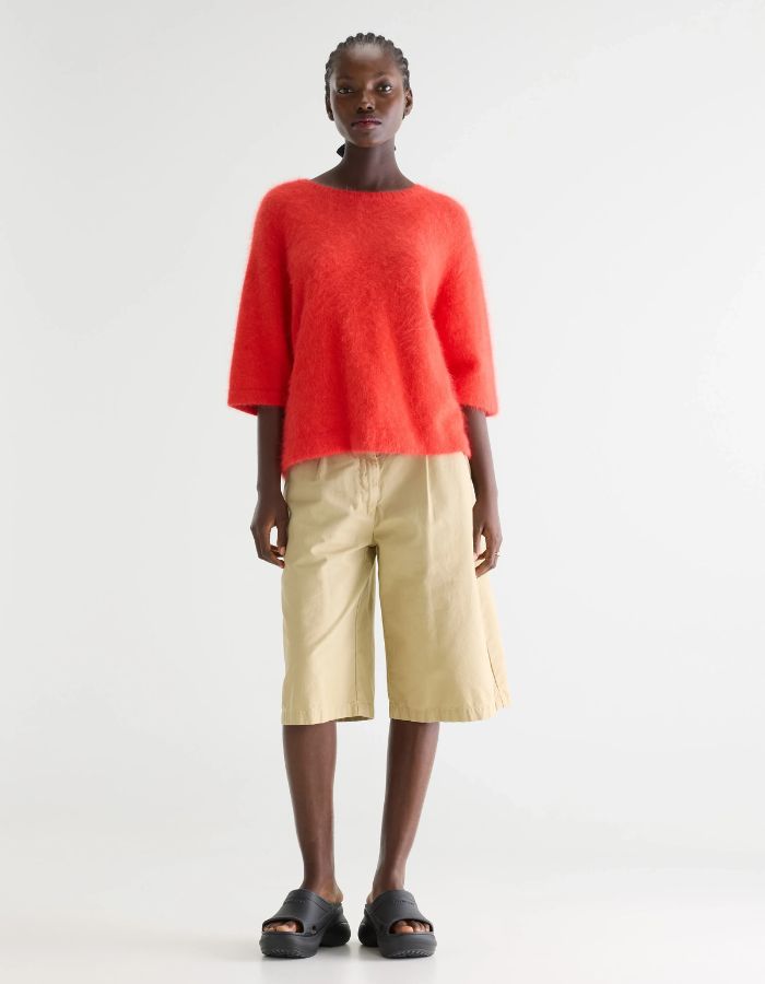 Pull Dime Angora Salsa rouge intense, maille duveteuse, col rond, manches coude, coupe relaxed.