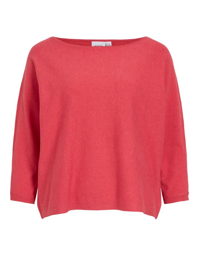 Pull Malu Hibiscus en maille plate, col bateau, manches 3/4 amples et épaules tombantes.