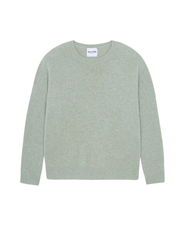 Pull oversize col rond pour femme 100% cachemire 4 fils vert avoine, modèle Amelie de la marque Kujten.