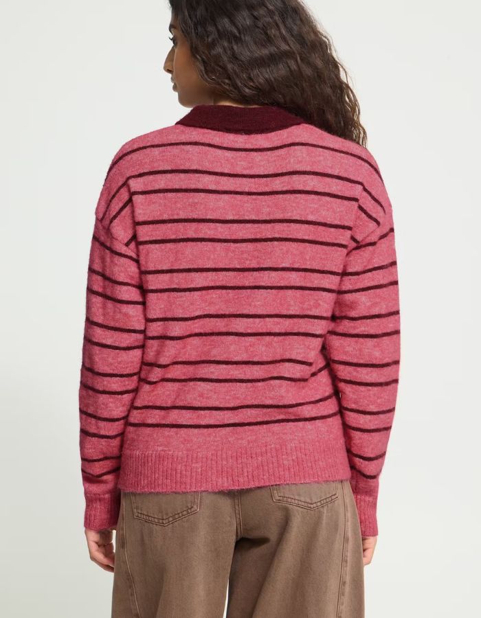 Pull polo Ihsage rose rayé bordeaux ICHI