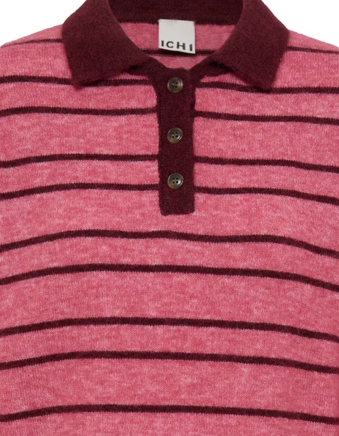 Pull polo Ihsage rose rayé bordeaux ICHI