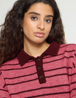 Pull polo Ihsage rose rayé bordeaux ICHI
