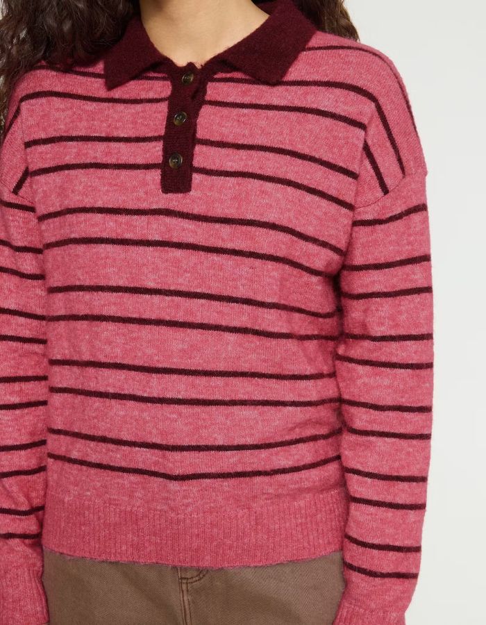 Pull polo Ihsage rose rayé bordeaux ICHI