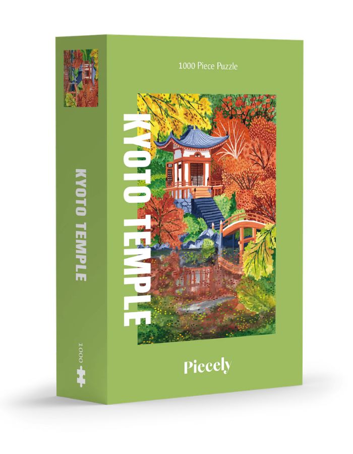 Boîte de puzzle 1000 pièces Kyoto Temple par Piecely. L'illustration représente le célèbre temple japonais Daigo-ji entouré d'arbres aux couleurs flamboyantes de l'automne se reflétant sur l'eau, dans un style graphique épuré et apaisant.