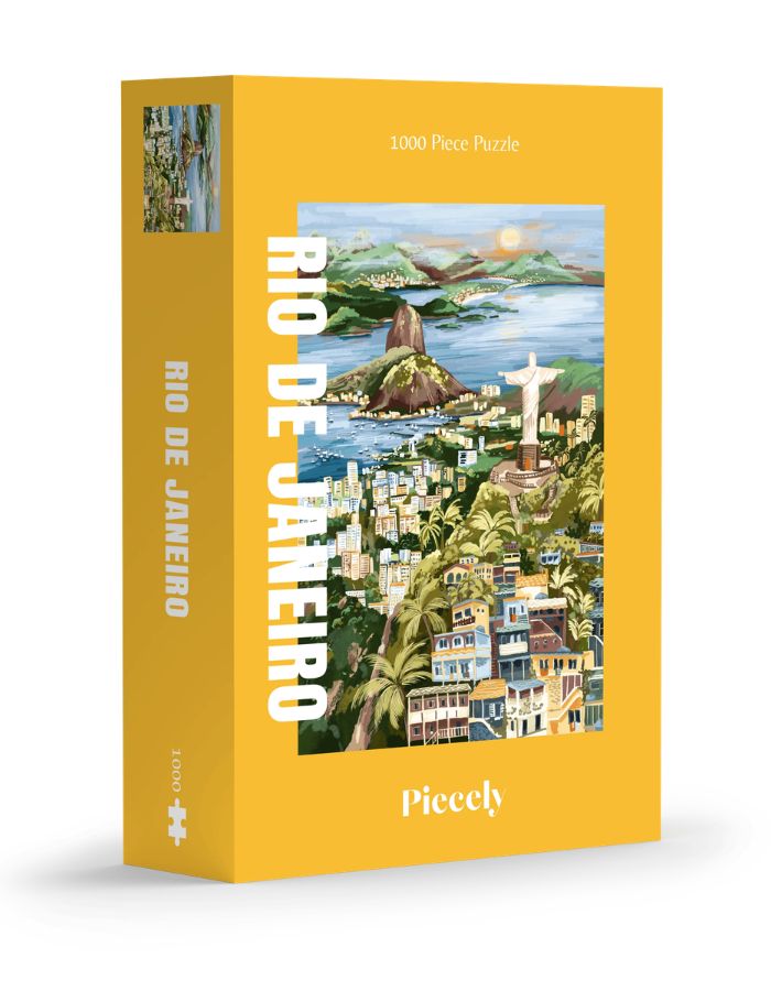 Boîte de puzzle 1000 pièces Rio de Janeiro de la marque Piecely. L'illustration colorée montre le Christ Rédempteur, les collines tropicales et la baie de Rio dans un style graphique moderne et chaleureux
