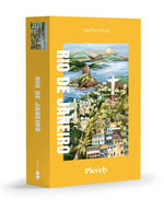 Boîte de puzzle 1000 pièces Rio de Janeiro de la marque Piecely. L'illustration colorée montre le Christ Rédempteur, les collines tropicales et la baie de Rio dans un style graphique moderne et chaleureux