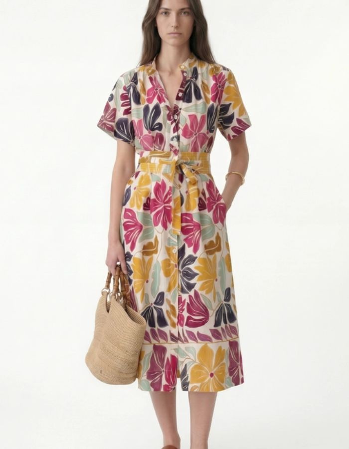 Robe midi Ghala Vanessa Bruno florale multicolore sur fond crème, coupe chemise avec ceinture à nouer et col officier.