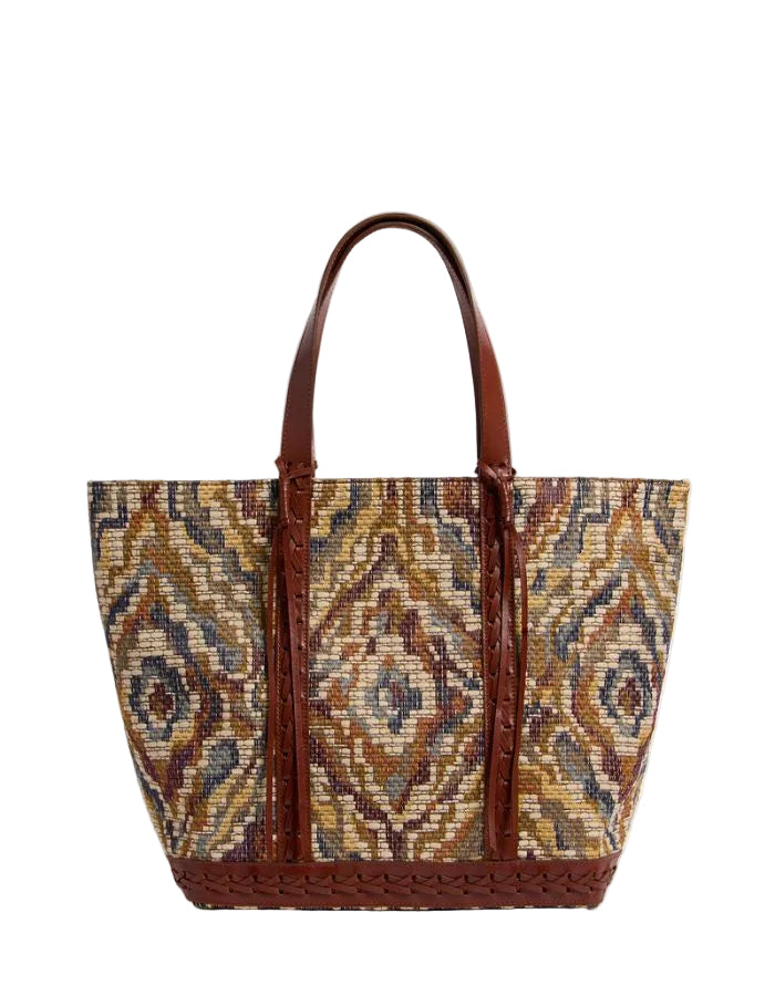 Grand cabas jacquard multicolore bohème avec anses et finitions en cuir marron.