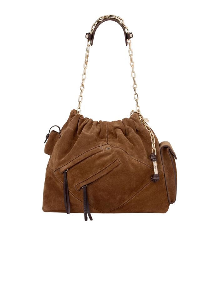 Sac cabas pour femme en suède marron avec poches extérieures zippées, pochette latérale, anse en chaîne et lien tressé, modèle June de la marque BA&SH