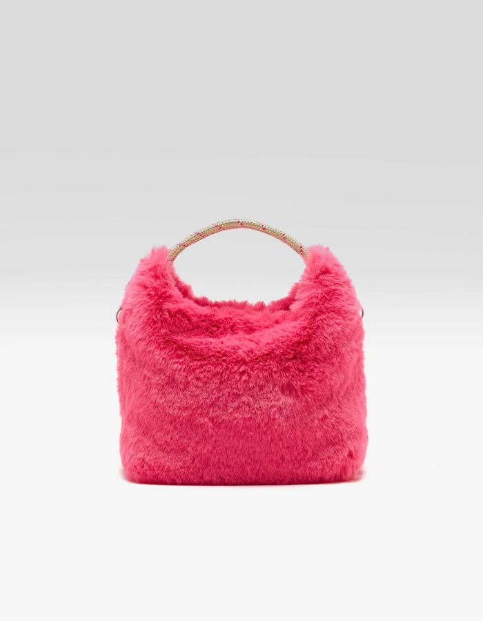 Sac Helcro rose géranium en fausse fourrure moelleuse avec double anse en corde.
