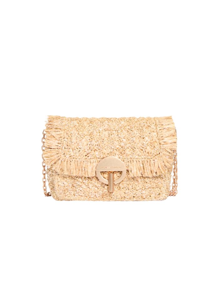 Sac Moon Moyen Vanessa Bruno en raphia tressé beige avec fermoir rond doré et bandoulière chaîne.