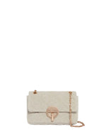 Sac Moon moyen sable en lin matelassé avec chaîne et fermoir coulissant en laiton brossé.