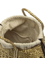 Vue Intérieure du sac tote Santa Cano de Dragon Diffusion en cuir de buffle tressé main couleur gold, motif cannage serré avec poignées courtes et doublure intérieure en coton