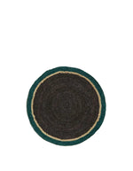 Set de table rond en raphia tressé main, noir avec bordures dorée et bleu Sarah.