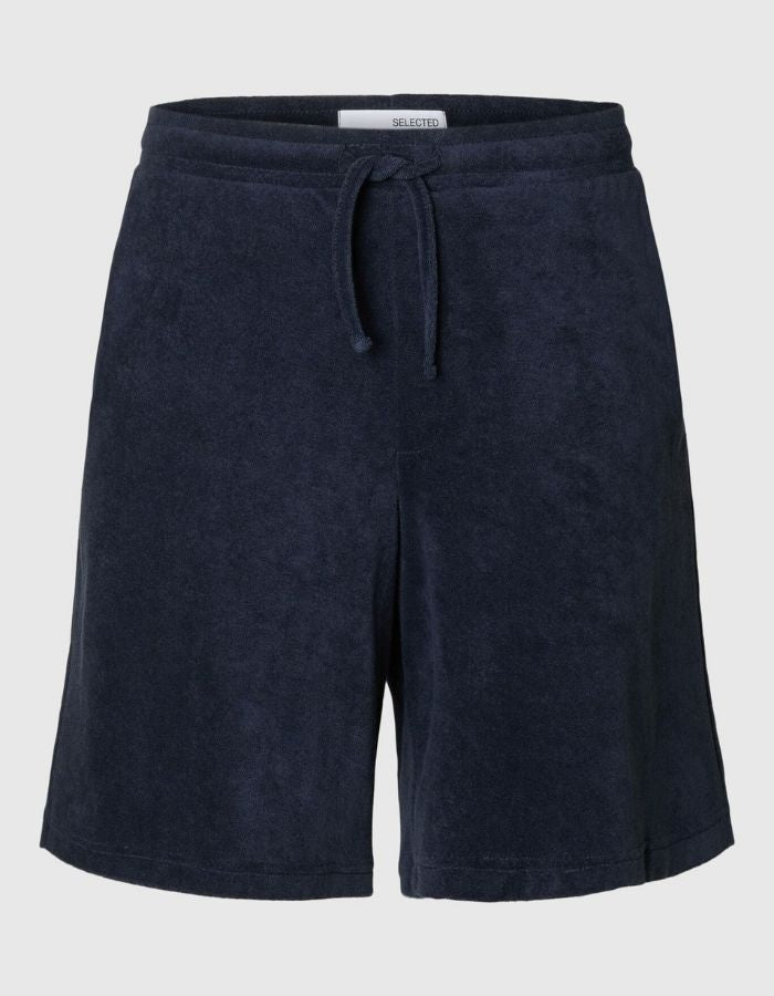 Short marine en éponge doux, taille mi-haute avec cordon de serrage et coupe ample.