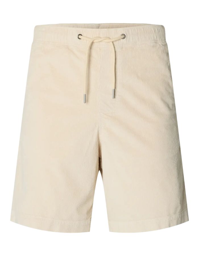 Short Velours Jace beige en velours côtelé avec taille élastiquée et cordon de serrage, coupe regular.