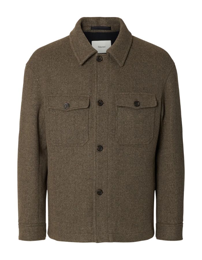 Surchemise pour homme en laine mélangée marron chocolat chiné avec col rabattu et poches poitrine, modèle Mitch Wool Blend Shacket couleur Chocolate Torte Melange de la marque Selected Homme.