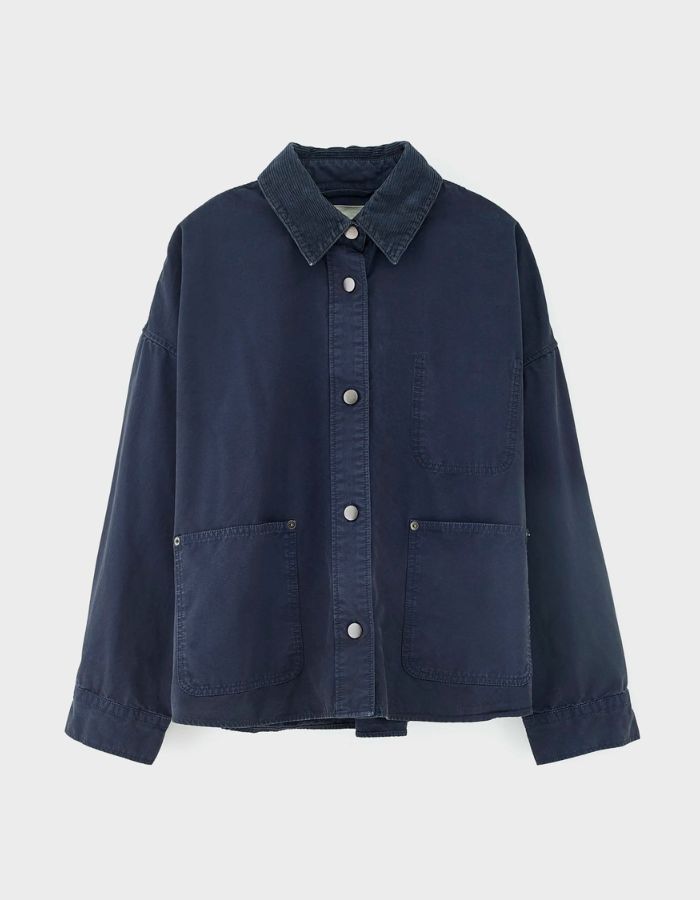 Surchemise navy relaxed avec col en velours côtelé, fermeture à boutons-pression et poches plaquées.