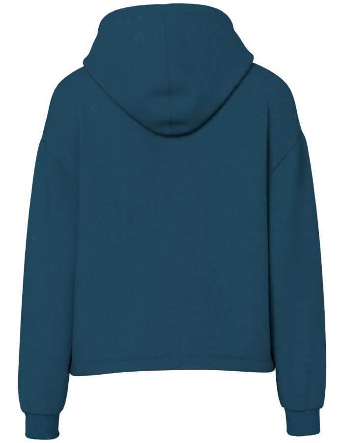 Dos du Sweatshirt à capuche uni pour femme modèle Chilli de la marque Pieces. Coupe droite de couleur bleu marine très foncé et profond Reflecting Pond, doté d'une capuche et de manches longues