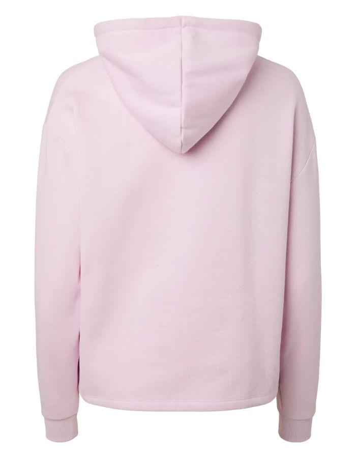Dos du Sweatshirt à capuche uni pour femme modèle Chilli de la marque Pieces. Coupe droite de couleur violet mauve pastel Winsome Orchid, doté de manches longues et de finitions élastiques aux poignets