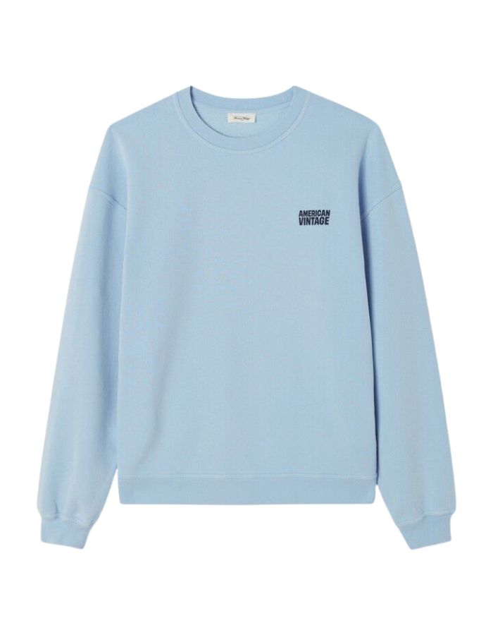 Sweat col rond oversize en coton molleton bleu azurin vintage avec logo American Vintage imprimé sur la poitrine, modèle Plizzy