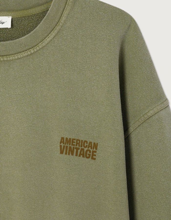 Col du Sweat col rond oversize en coton molleton vert pistou avec discret motif imprimé sur la poitrine