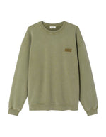 Sweat col rond oversize en coton molleton vert pistou avec discret motif imprimé sur la poitrine