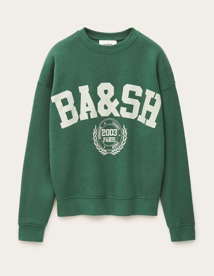 Sweatshirt Fenja Emeraude Ba&sh vert émeraude avec logo BA&SH blanc et motif campus.