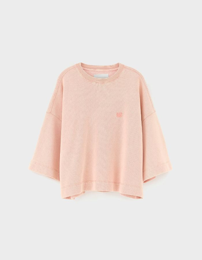 Sweatshirt Farlol Rosette Bellerose rose délavé, coupe oversized, manches courtes et logo "bb" brodé.