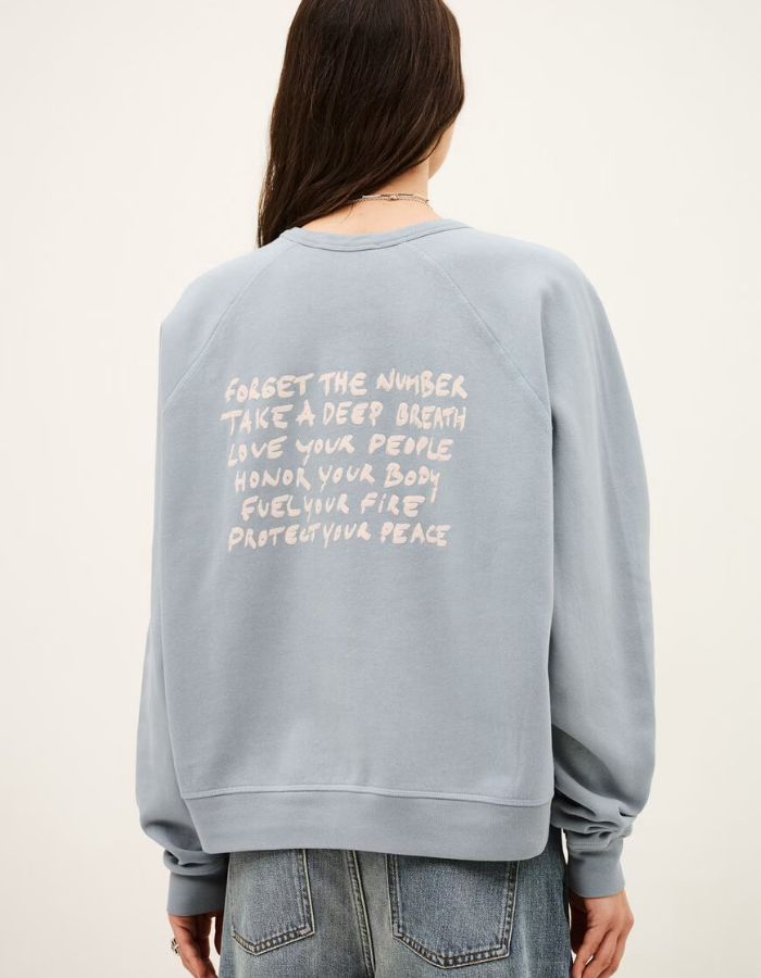 Dos du Sweat-shirt pour femme en molleton doux de couleur bleu glacier pastel, modèle Swing de la marque Ba&sh. Présente une coupe ample loose avec col rond et manches raglan, rehaussée de surpiqûres overlock et d'une impression signature Ba&sh texturée sur la poitrine.