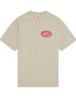 T-shirt unisexe beige en jersey de coton avec logo Sweet Pants brodé en feutrine rouge sur la poitrine.