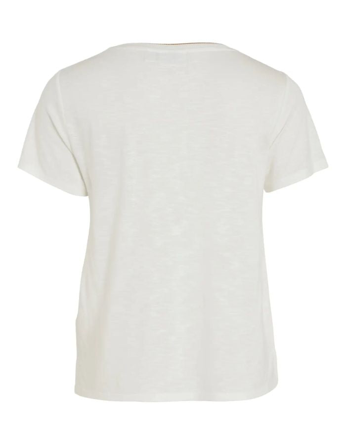 T-shirt blanc col V en jersey, manches courtes, coupe droite.