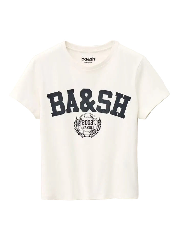 T-shirt Ioni Ecru Ba&sh en coton biologique, coupe carrée légèrement croppée, avec logo BA&SH style université.