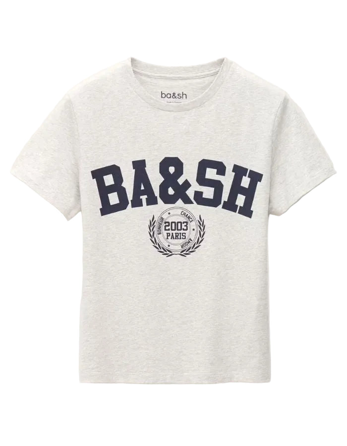 T-shirt Ioni Gris Ba&sh en coton biologique, coupe droite, avec logo universitaire bleu marine.