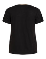 Dos du T-shirt noir uni pour femme modèle Noel de la marque Vila. Design classique à manches courtes et col en V, réalisé dans une maille jersey fluide et extensible