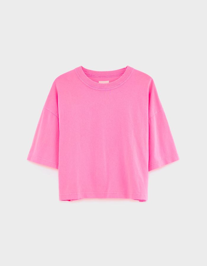 T-shirt Voss Fluo Pink Bellerose en coton, coupe cropped relaxed avec épaules tombantes et col rond.
