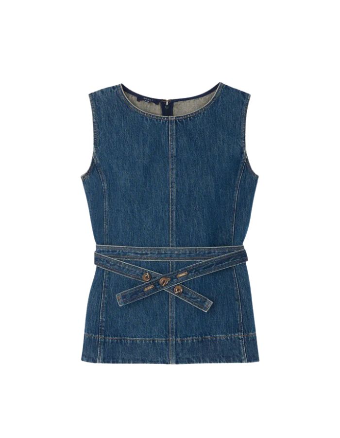 Top Chance Bleu/Vert Soeur, sans manches, coupe cintrée en coton recyclé avec ceinture amovible.
