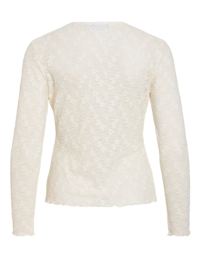 Dos du Top ajusté à manches longues pour femme, modèle Fay de la marque Vila. Tissu en mesh extensible coloris Regret (nuance foncée) avec des détails raffinés en dentelle et un col rond classique