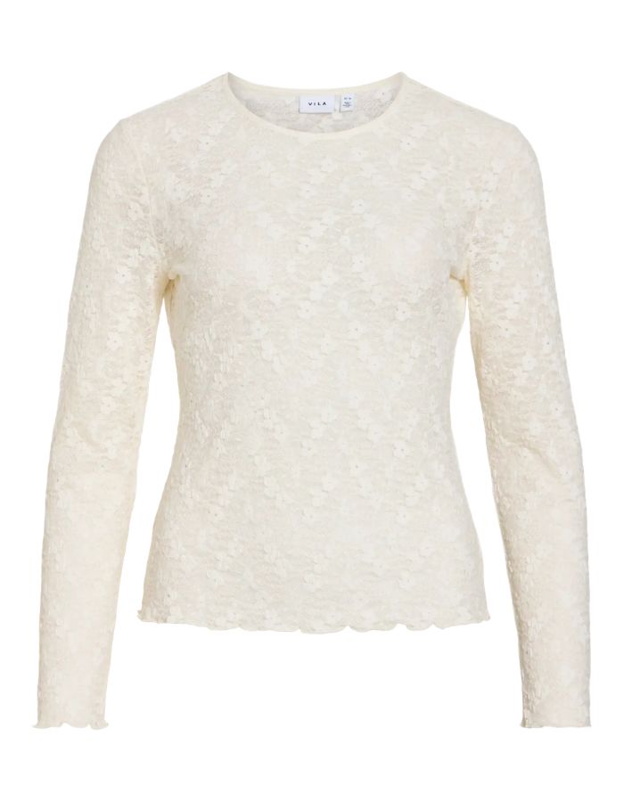 Top ajusté à manches longues pour femme, modèle Fay de la marque Vila. Tissu en mesh extensible coloris Regret (nuance foncée) avec des détails raffinés en dentelle et un col rond classique