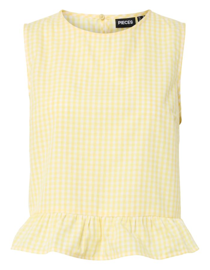 Top sans manches Bibby de la marque PIECES avec motif Vichy jaune et blanc. Coupe Regular Fit avec découpe à la taille et col rond. Fabriqué en coton biologique et matières recyclées.