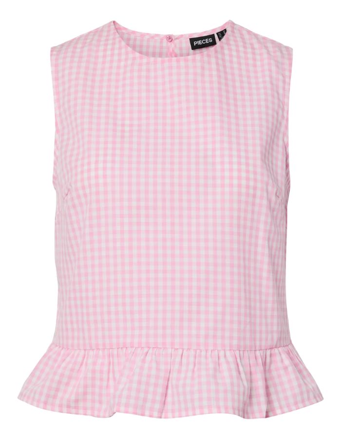 Top sans manches Bibby de la marque PIECES avec motif carreaux Vichy rose et blanc. Coupe Regular Fit avec ligne de découpe à la taille et col rond. Matière éco-responsable en coton bio et polyester recyclé.
