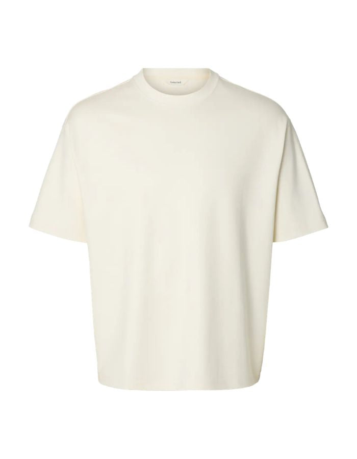 T-shirt décontracté pour homme en coton bio lourd blanc cassé avec col rond et manches courtes, modèle Relaxtaj SS O-Neck Tee couleur Regret de la marque Selected Homme.