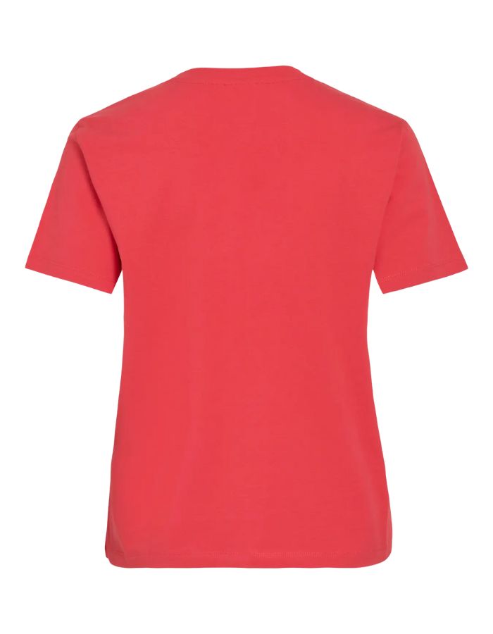 T-shirt rouge corail Nora en jersey de coton biologique, coupe droite à encolure ronde et manches courtes.