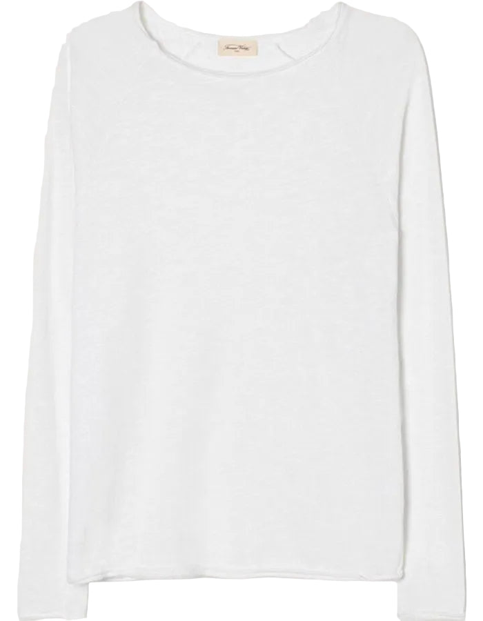 T-shirt à manches longues pour homme de couleur blanc uni, modèle Sonoma de la marque American Vintage. Présente une coupe droite en coton flammé épais texturé avec un col rond et des manches de style raglan.