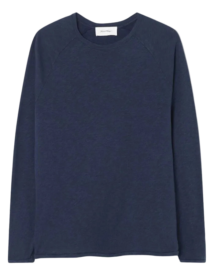 T-shirt à manches longues pour homme de couleur blanc uni, modèle Sonoma de la marque American Vintage. Présente une coupe droite en coton flammé épais texturé avec un col rond et des manches de style raglan.