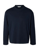 T-shirt manches longues pour homme en coton biologique épais bleu marine navy, col rond et coupe classique, modèle Taj Heavy LS O-Neck Tee de la marque Selected