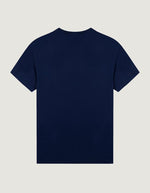 Dos du T-shirt bleu marine à manches courtes pour homme en coton biologique, modèle Popincourt de la marque Maison Labiche. Présente une coupe droite avec col rond côtelé et une petite broderie fine 'Wine' sur le côté gauche de la poitrine.